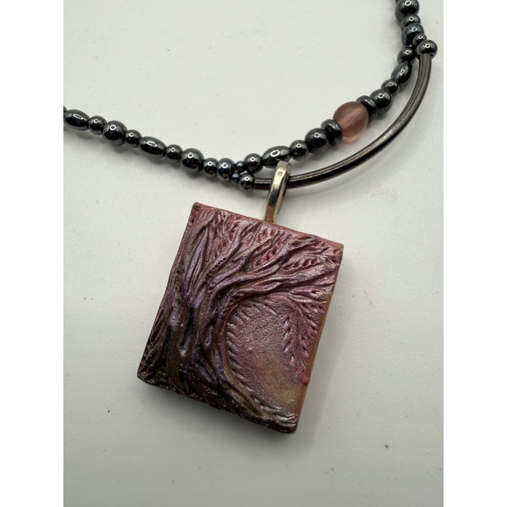 Artisan Tree of Life Polymer Clay Pendant Necklace Hematite Beaded Purple Copper